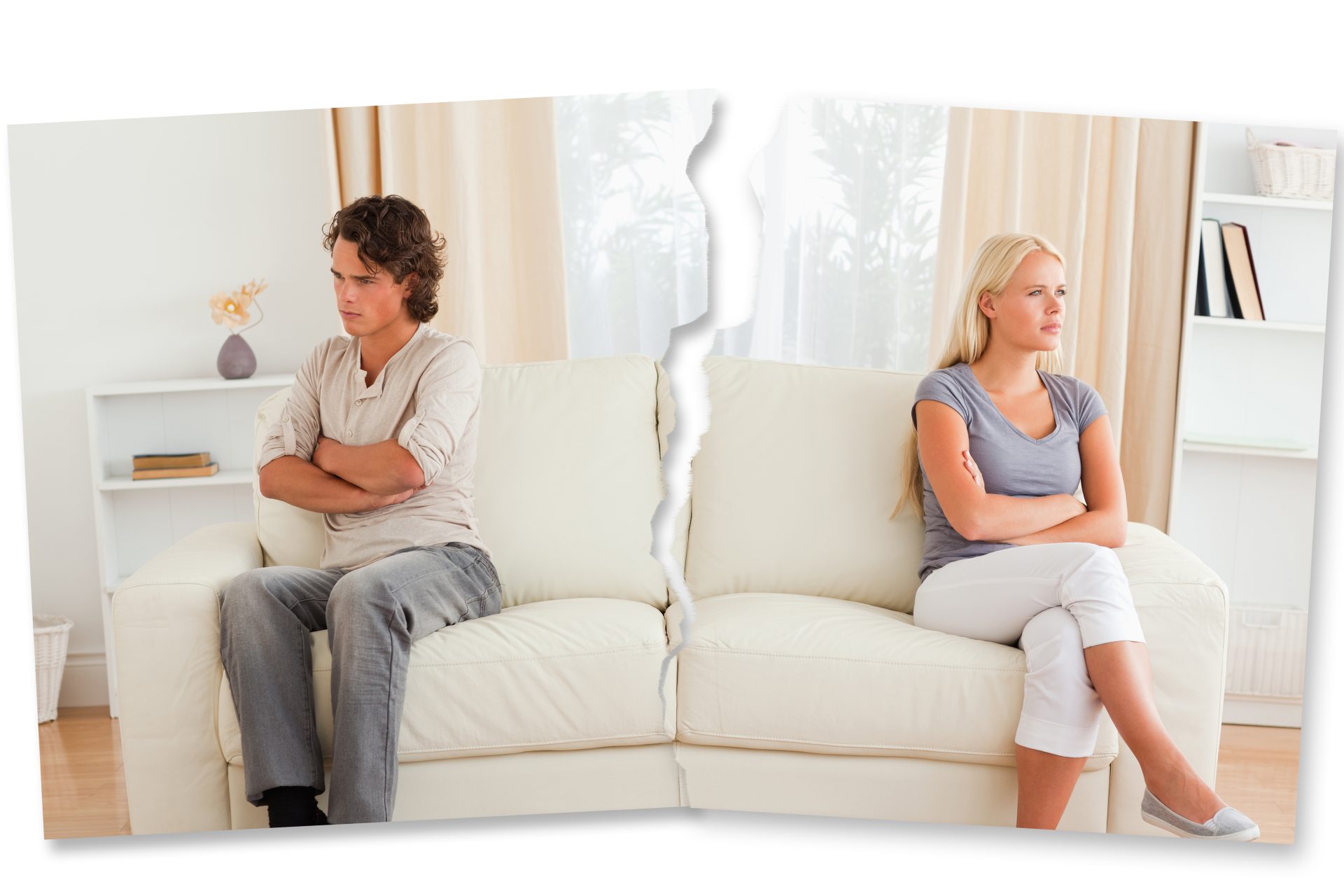 Couple having a fight and sitting on the sofa